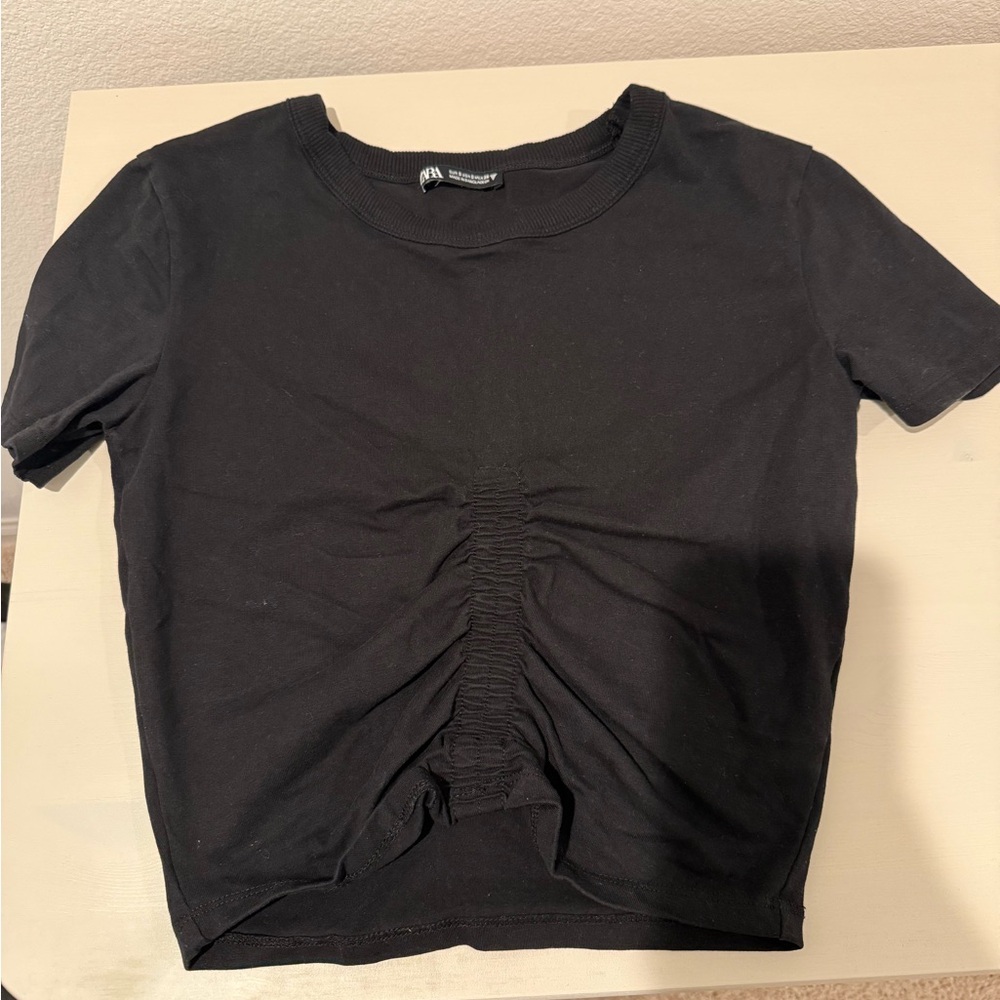 Zara Black Ruched Short Sleeve Top